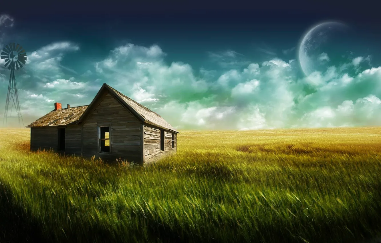 Фото обои трава, дом, луна