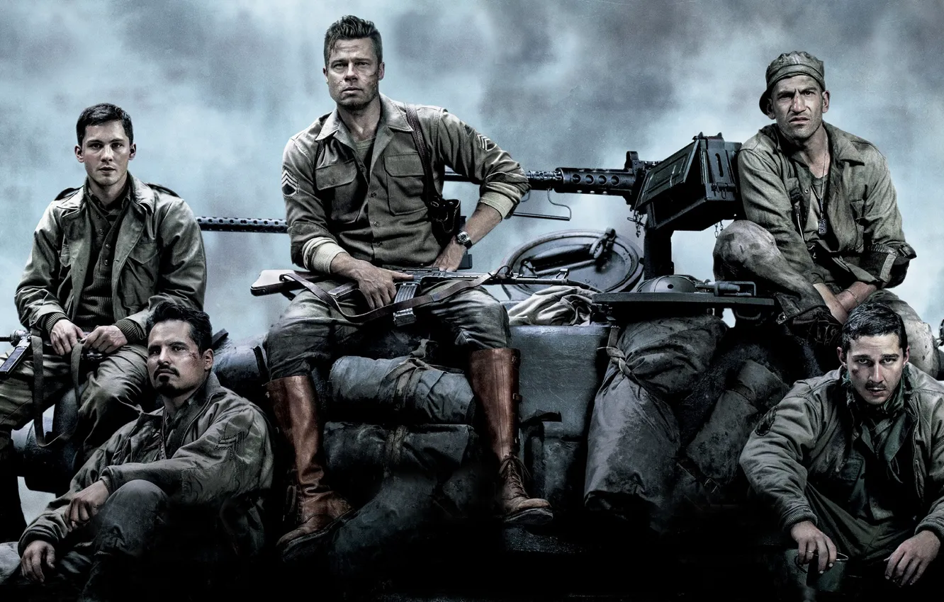 Фото обои танк, Брэд Питт, Brad Pitt, экипаж, M4 Sherman, Fury, «Ярость»