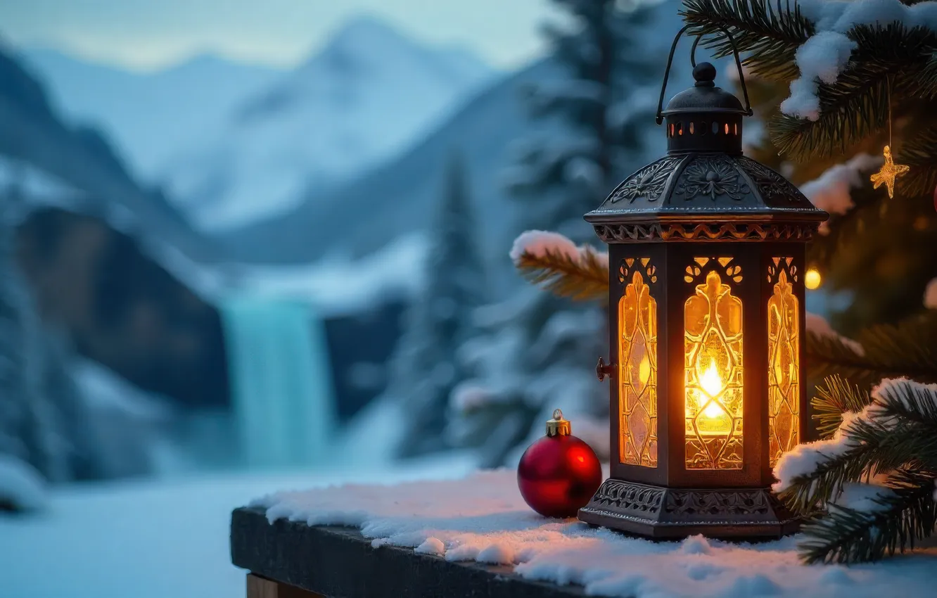 Фото обои зима, шарики, свет, снег, горы, новый год, водопад, Рождество