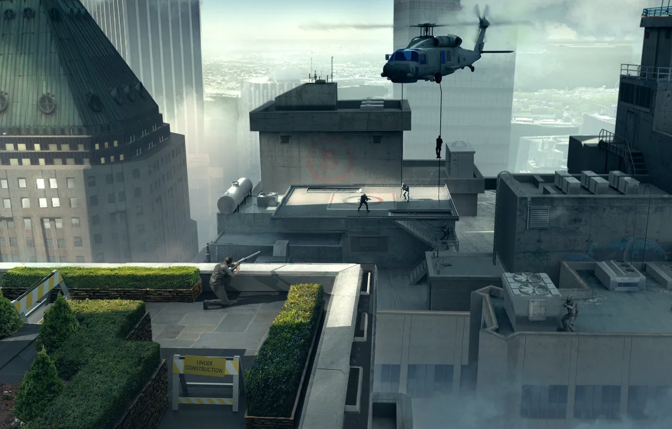 Фото обои город, здания, крыши, вертолёт, John Wick VR Sniper Shot