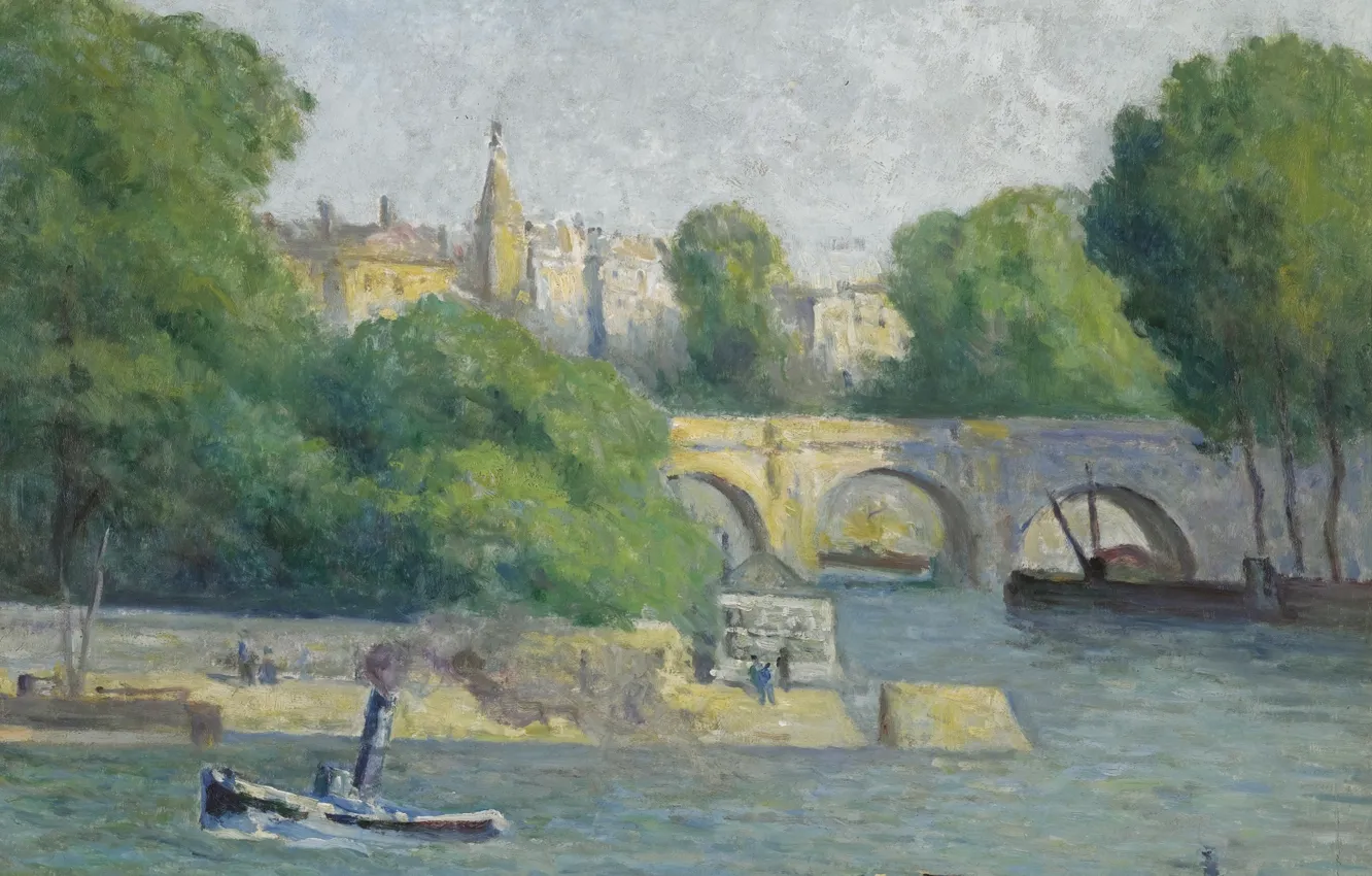 Фото обои мост, река, картина, 1926, Максимильен Люс, Maximilien Luce, Le Vert Gallant