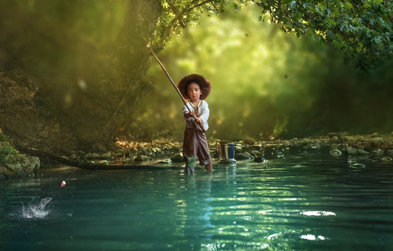 Фото обои вода, ребенок, удочка, Evgeny Loza, рыбачок
