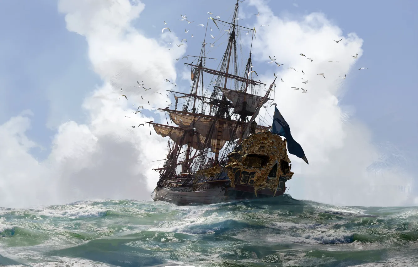 Фото обои skull, game, gold, sky, sea, pirate, cloud, pirate ship
