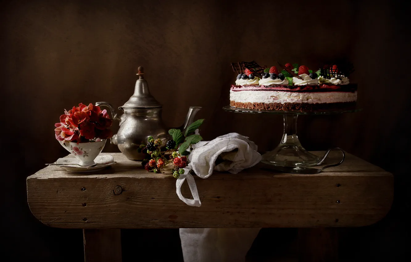 Фото обои цветок, стиль, ягоды, чашка, торт, натюрморт