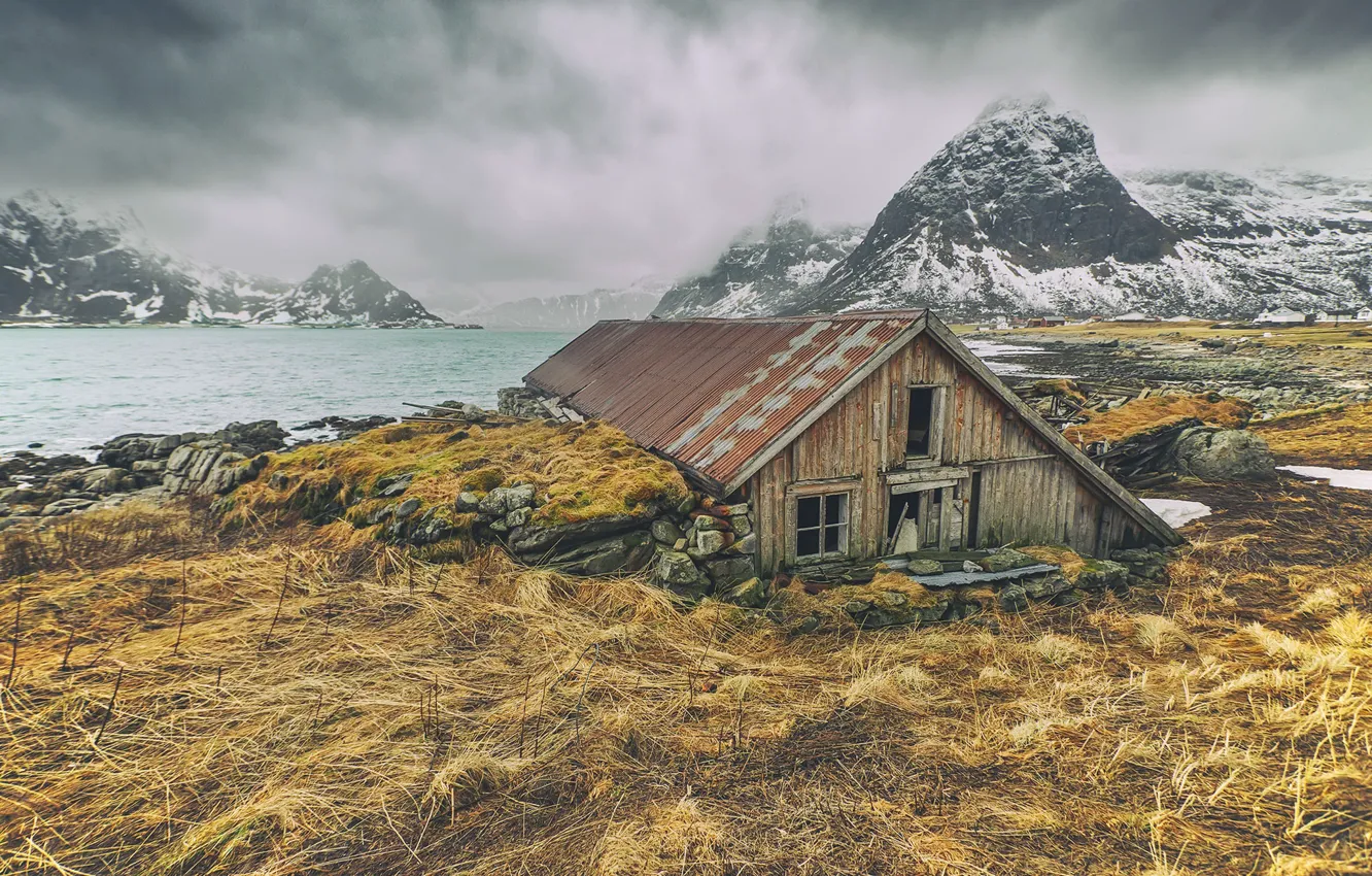 Фото обои Norway, Island, Lofoten, Abandoned barn, hamnoy