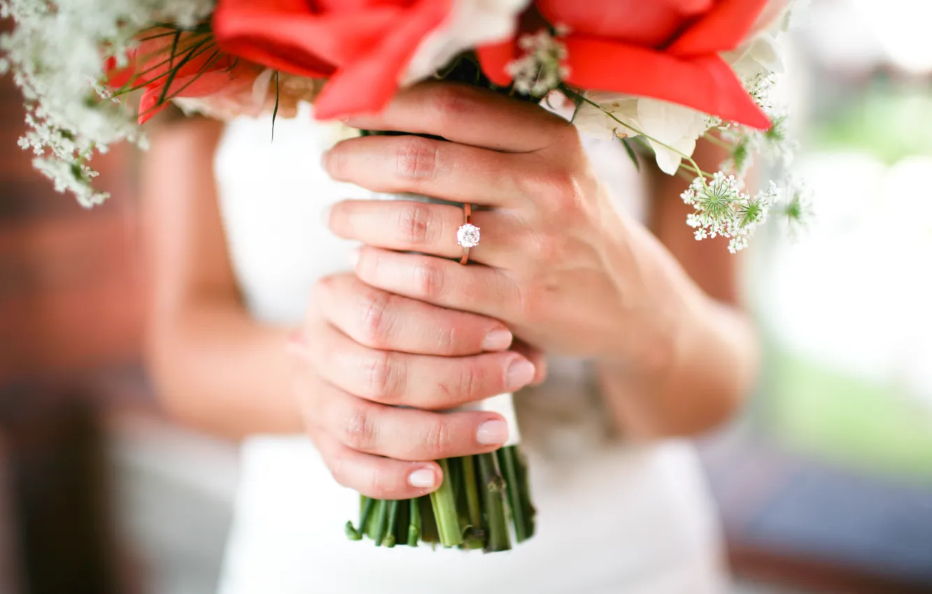 Фото обои девушка, букет, кольцо, невеста