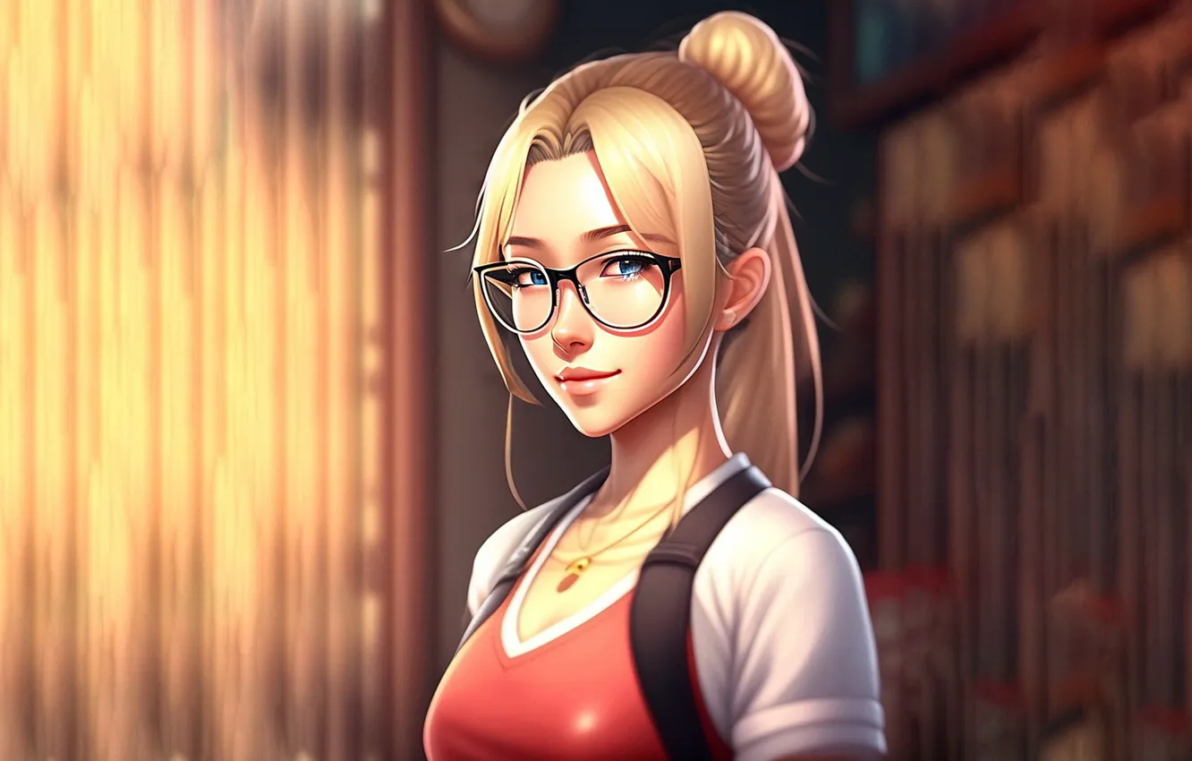 Фото обои light, girl, anime, room, look, blonde, rendering, glasses