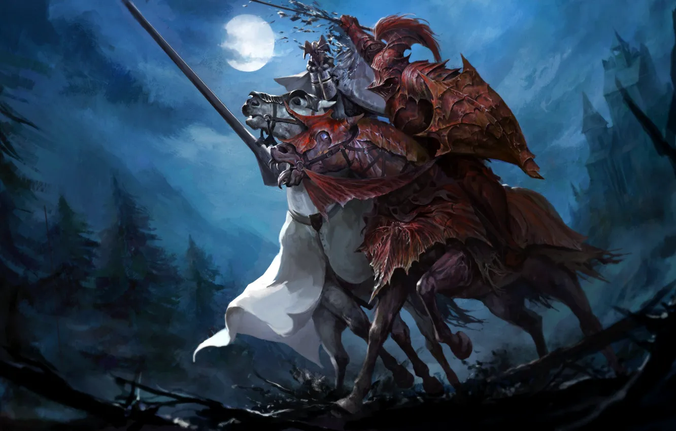Фото обои moon, fantasy, forest, armor, trees, night, horses, battle