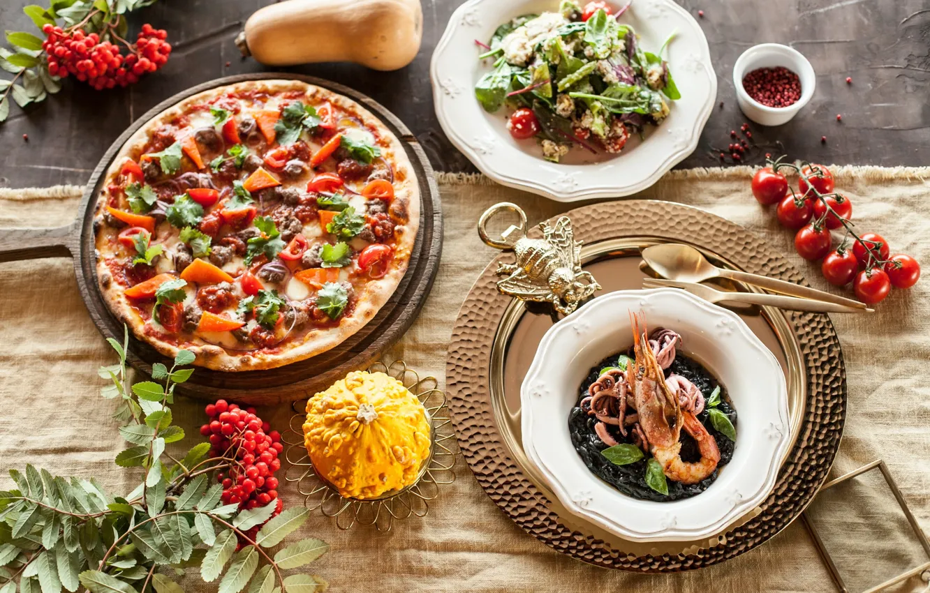 Фото обои еда, тыква, креветка, пицца, рябина, салат