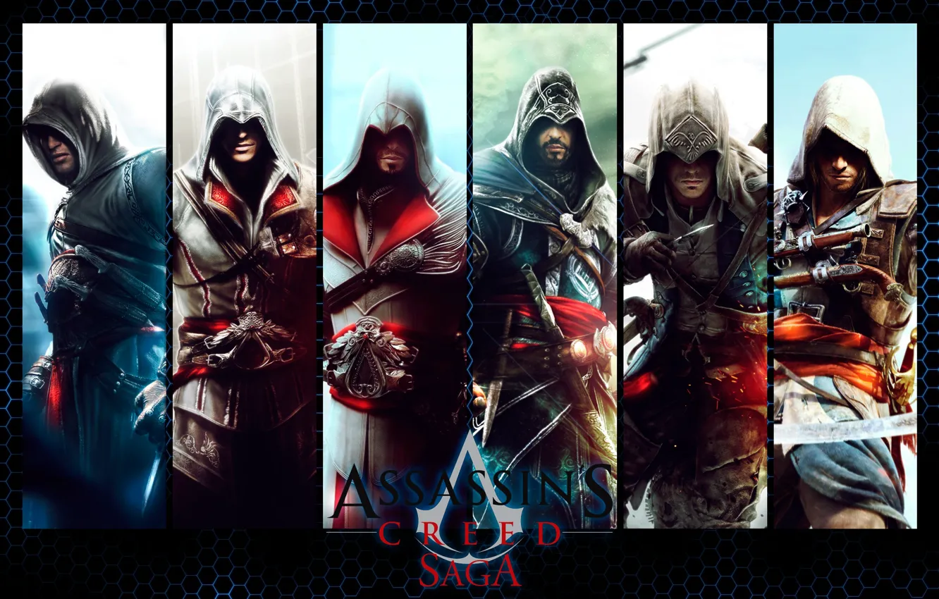 Фото обои надпись, коллаж, игра, персонажи, Assassin's Creed