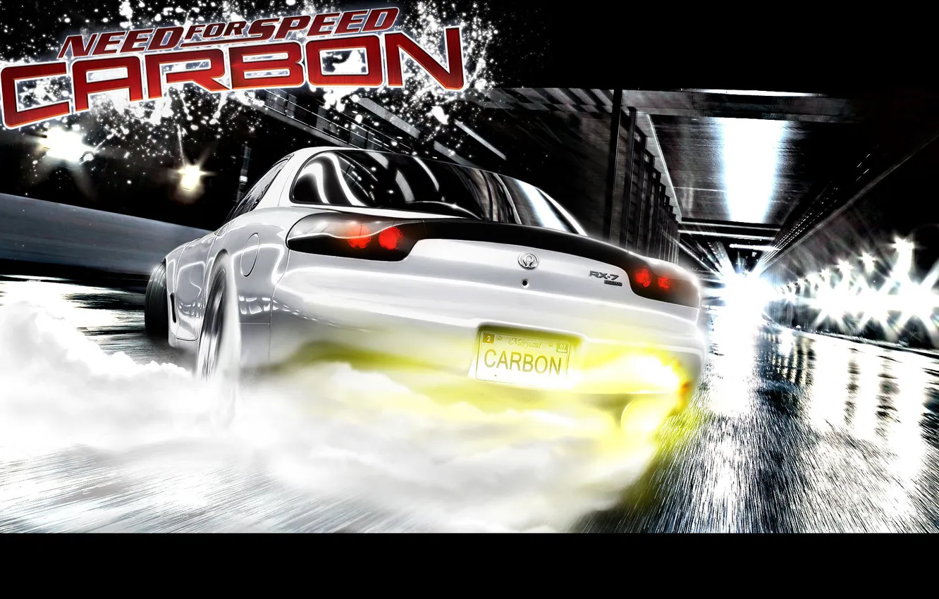 Фото обои ночь, дым, скорость, NFS, mazda rx-7, Need for Speed Carbon