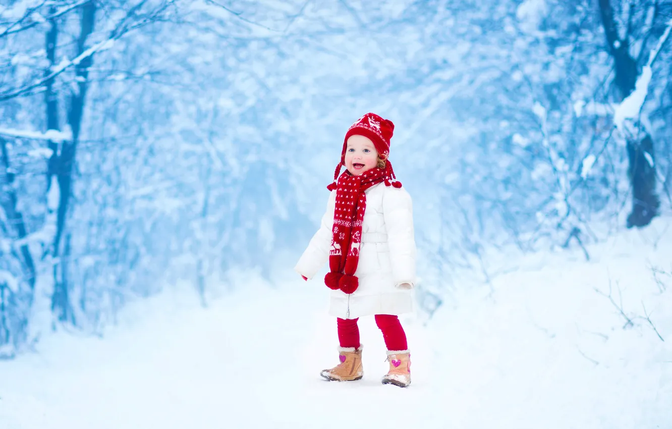Фото обои зима, снег, радость, милая, ребенок, куртка, девочка