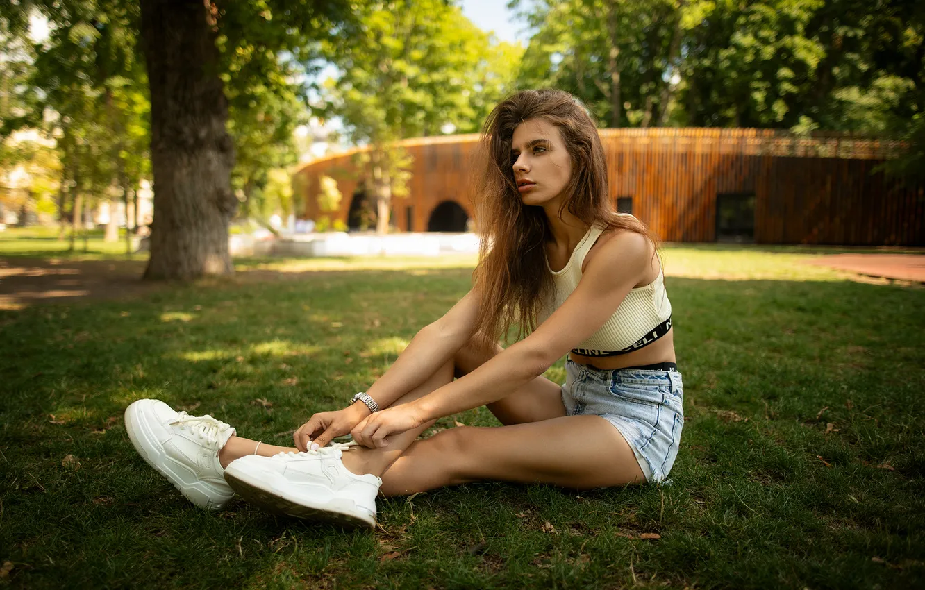 Фото обои grass, shorts, legs, model, women, brunette, sneakers, women outdoors