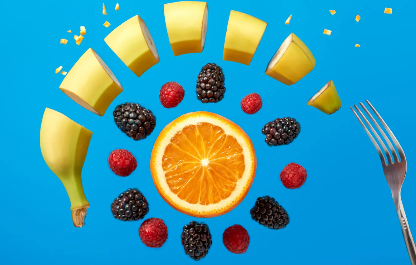 Фото обои ягоды, малина, апельсин, долька, кусочки, фрукты, вилка, банан