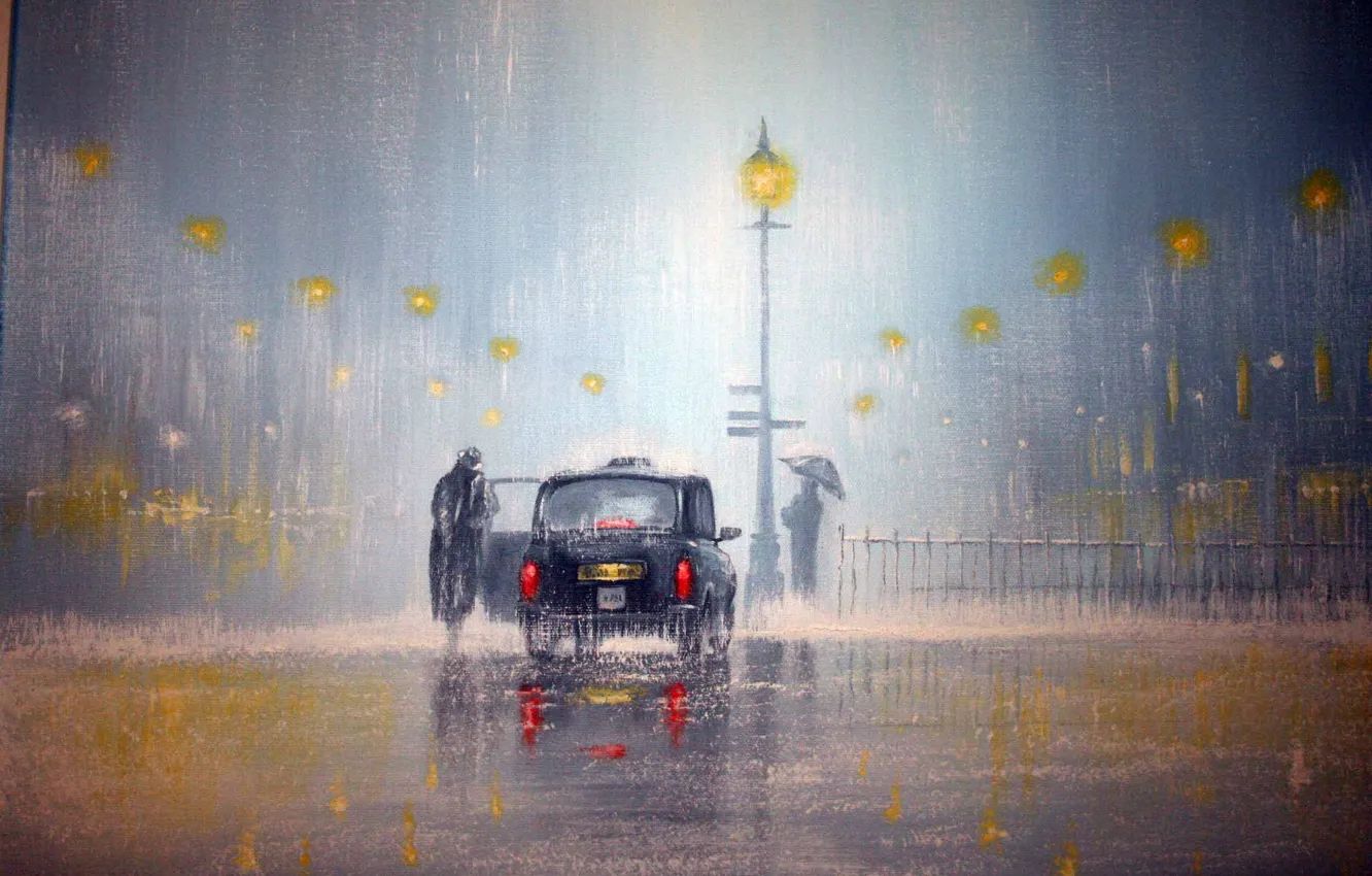 Фото обои машина, свет, дождь, фары, человек, зонт, фонари, Jeff Rowland