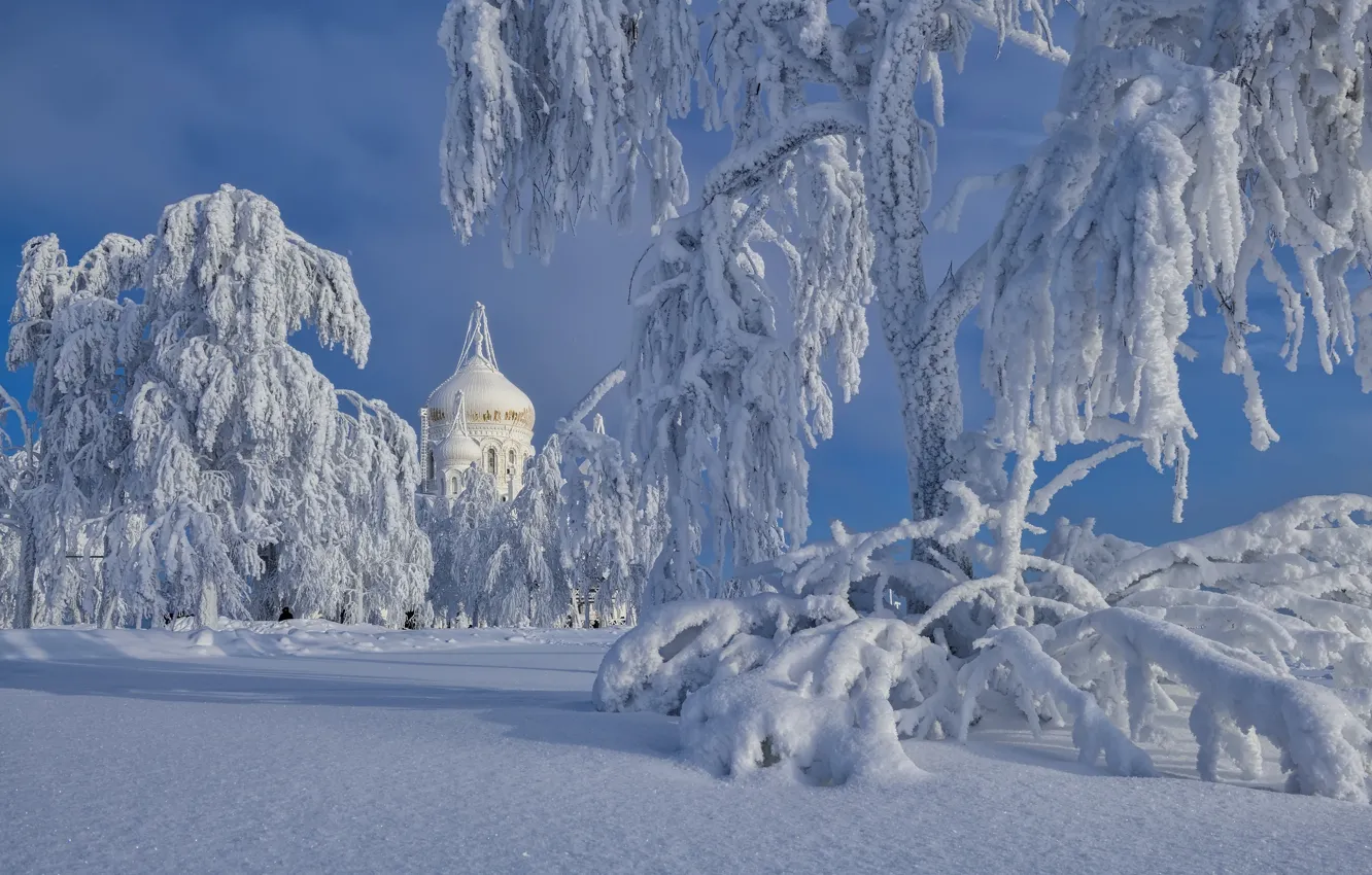 Фото обои зима, снег, деревья, мороз, сугробы, храм, Россия, купол