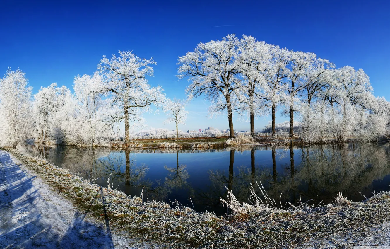 Фото обои холод, лед, зима, иней, дорога, деревья, отражение, берег