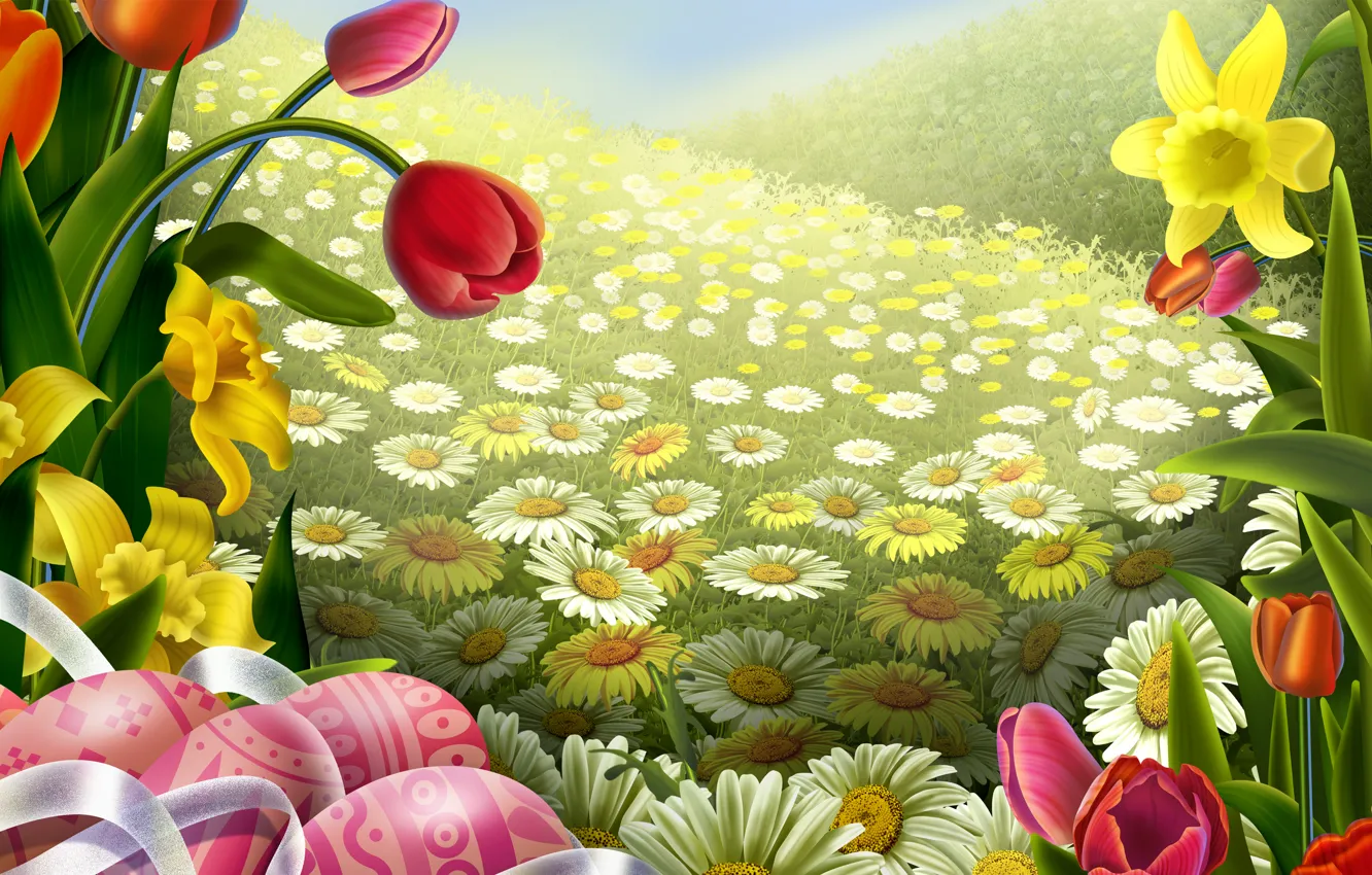 Фото обои поле, яйца, тюльпаны, пасхальные, Ромашковое