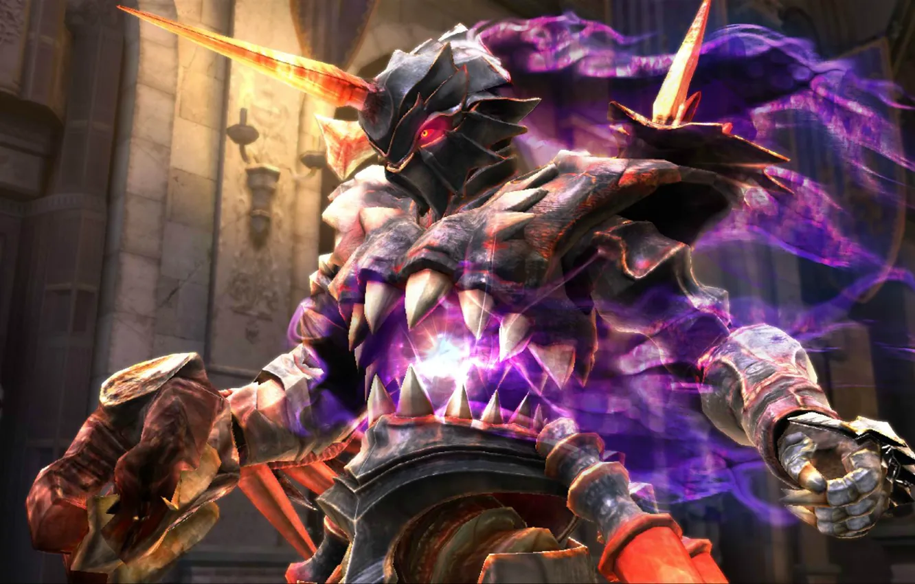 Фото обои магия, свечение, доспехи, демон, клыки, Soul Calibur 4, рог