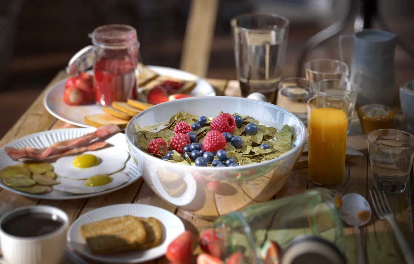 Фото обои малина, стол, еда, посуда, TIME FOR BREAKFAST