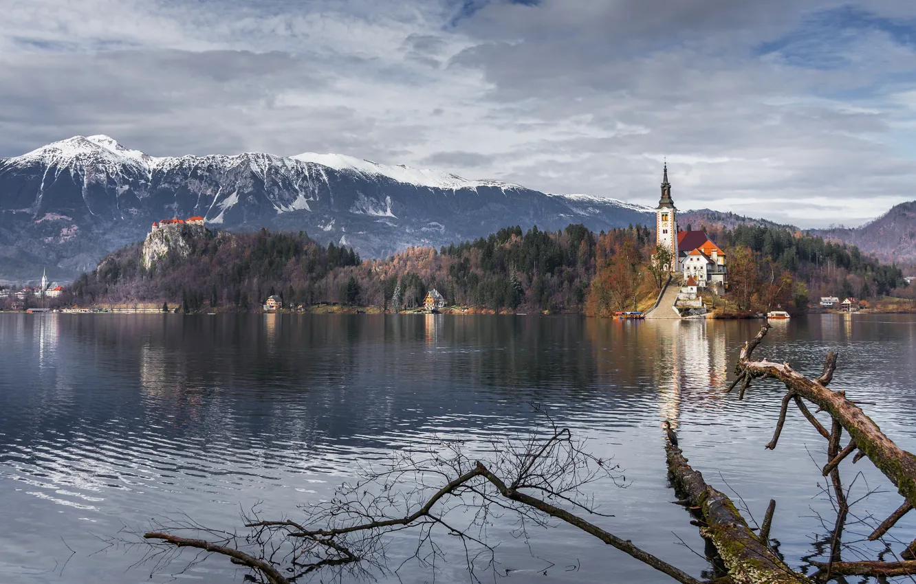 Фото обои горы, Австрия, церковь, водоем