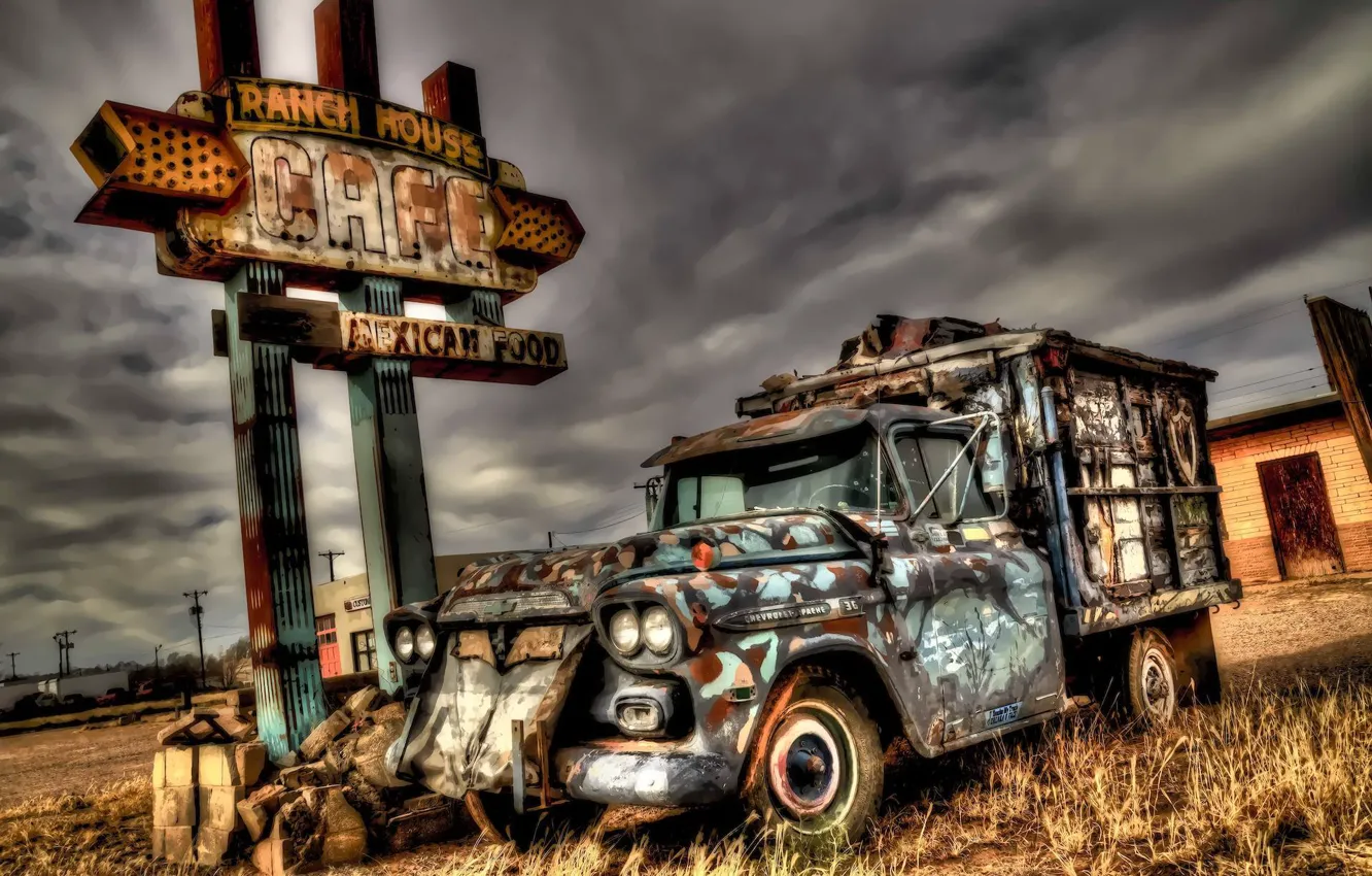 Фото обои HDR, Car, background, New Mexico, Tucumcari, Abandoned Chevy