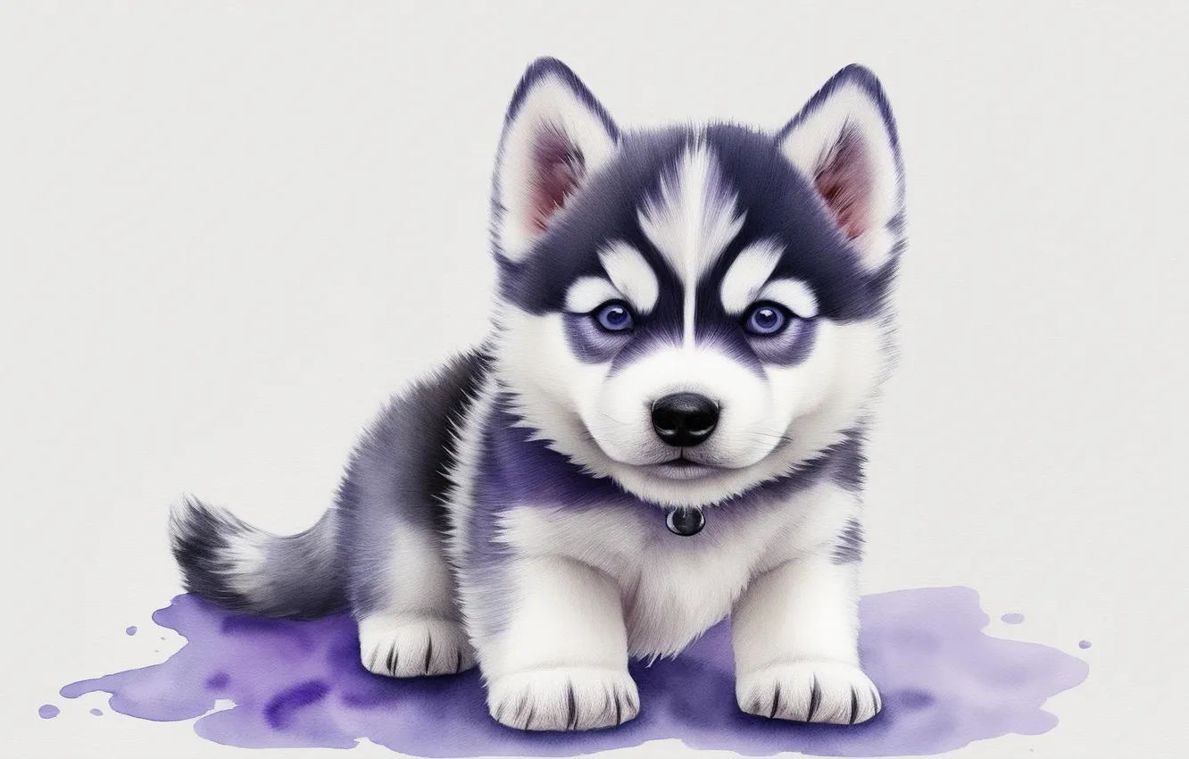 Фото обои рисунок, собака, пушистый, акварель, милый, щенок, puppy, хаски