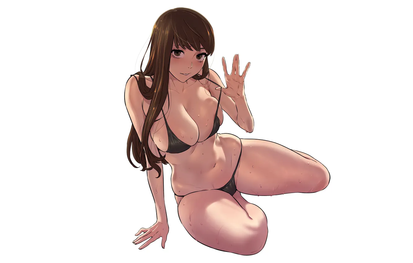 Фото обои girl, sexy, wet, cleavage, long hair, legs, brown hair, brown eyes