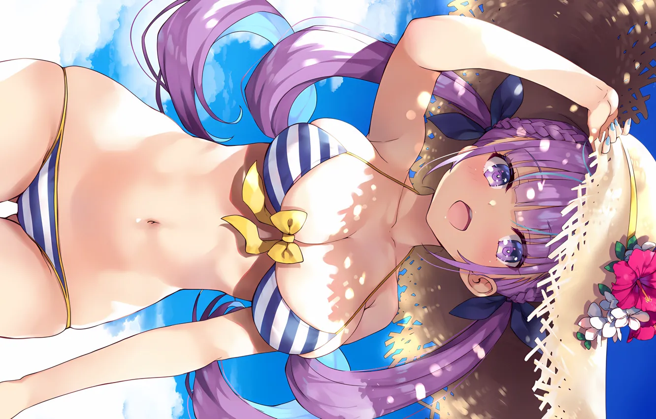 Фото обои girl, sexy, cleavage, long hair, boobs, anime, flowers, beautiful