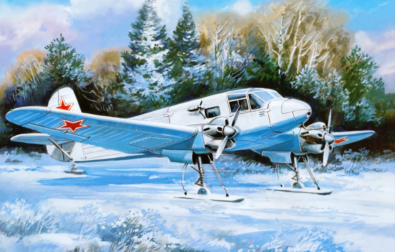 Фото обои зима, поле, снег, арт, самолёт, аэродром, советский, транспортный