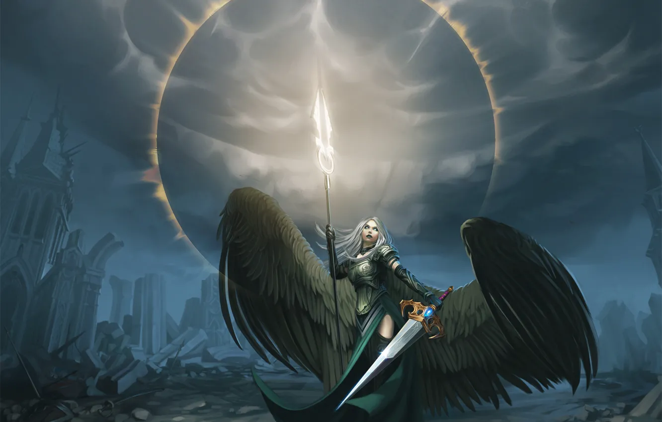 Фото обои девушка, крылья, ангел, меч, арт, avacyn