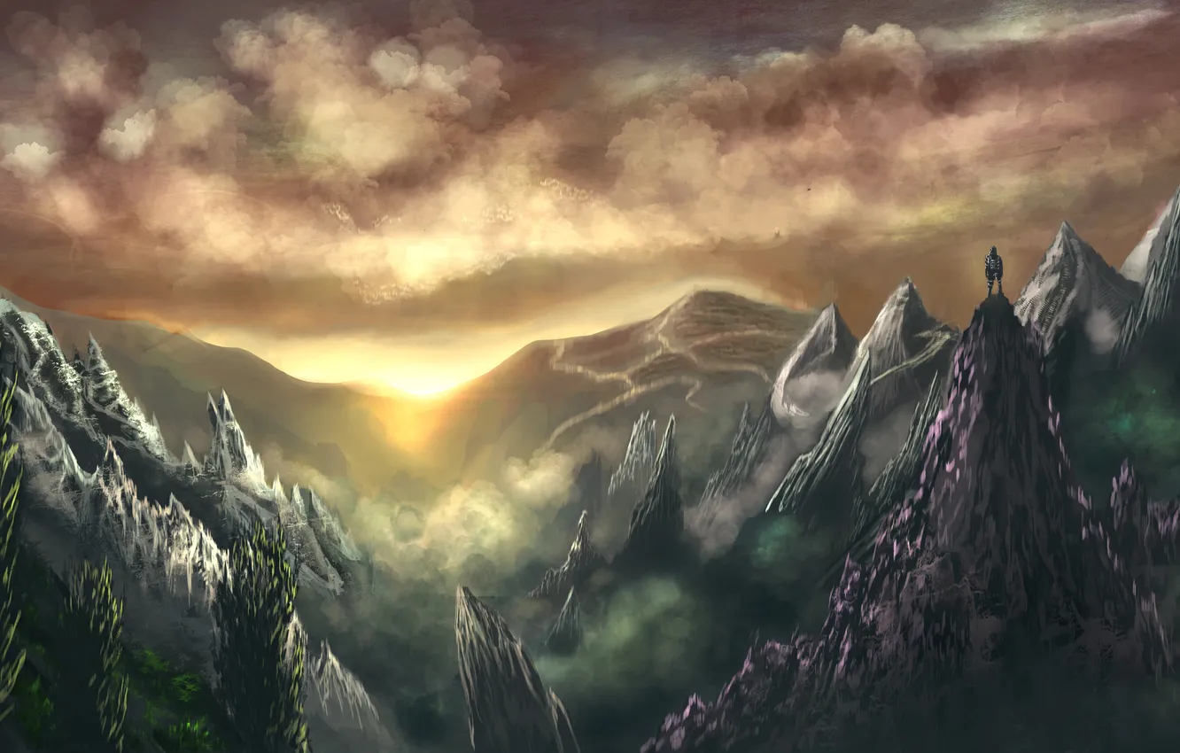 Фото обои небо, горы, тучи, туман, рассвет, человек