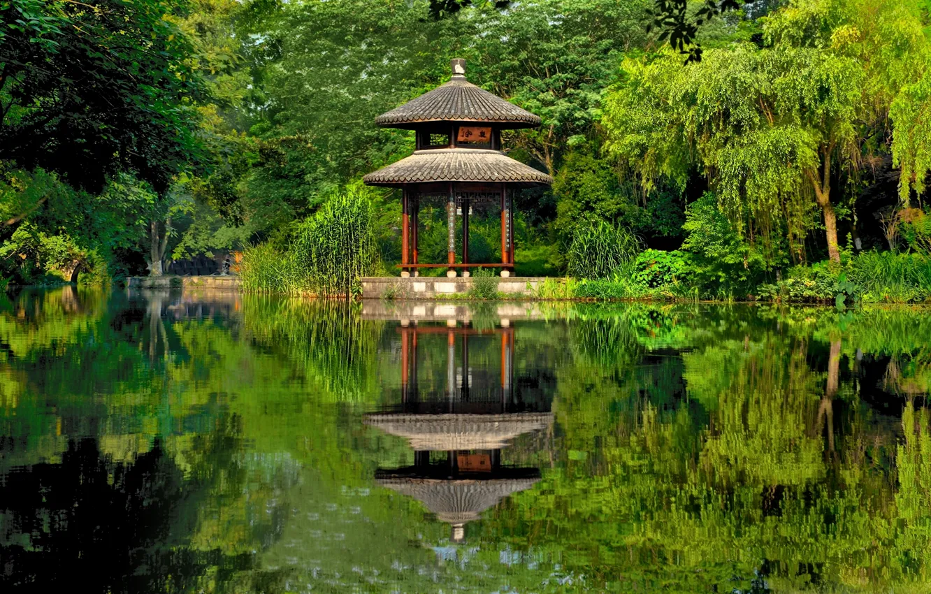 Фото обои озеро, пруд, парк, отражение, China, Китай, беседка
