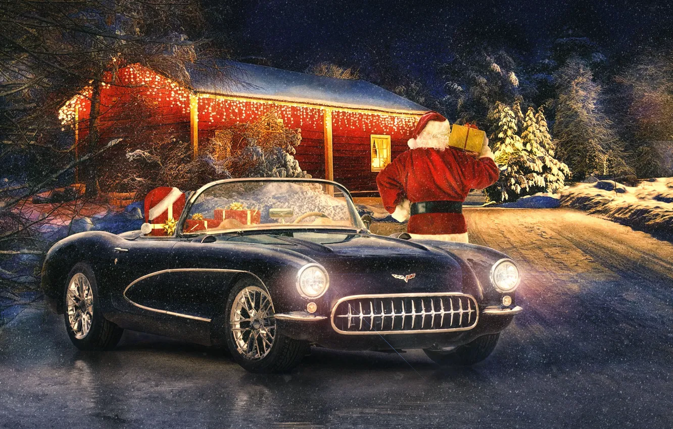 Фото обои зима, ретро, праздник, новый год, Corvette, классика