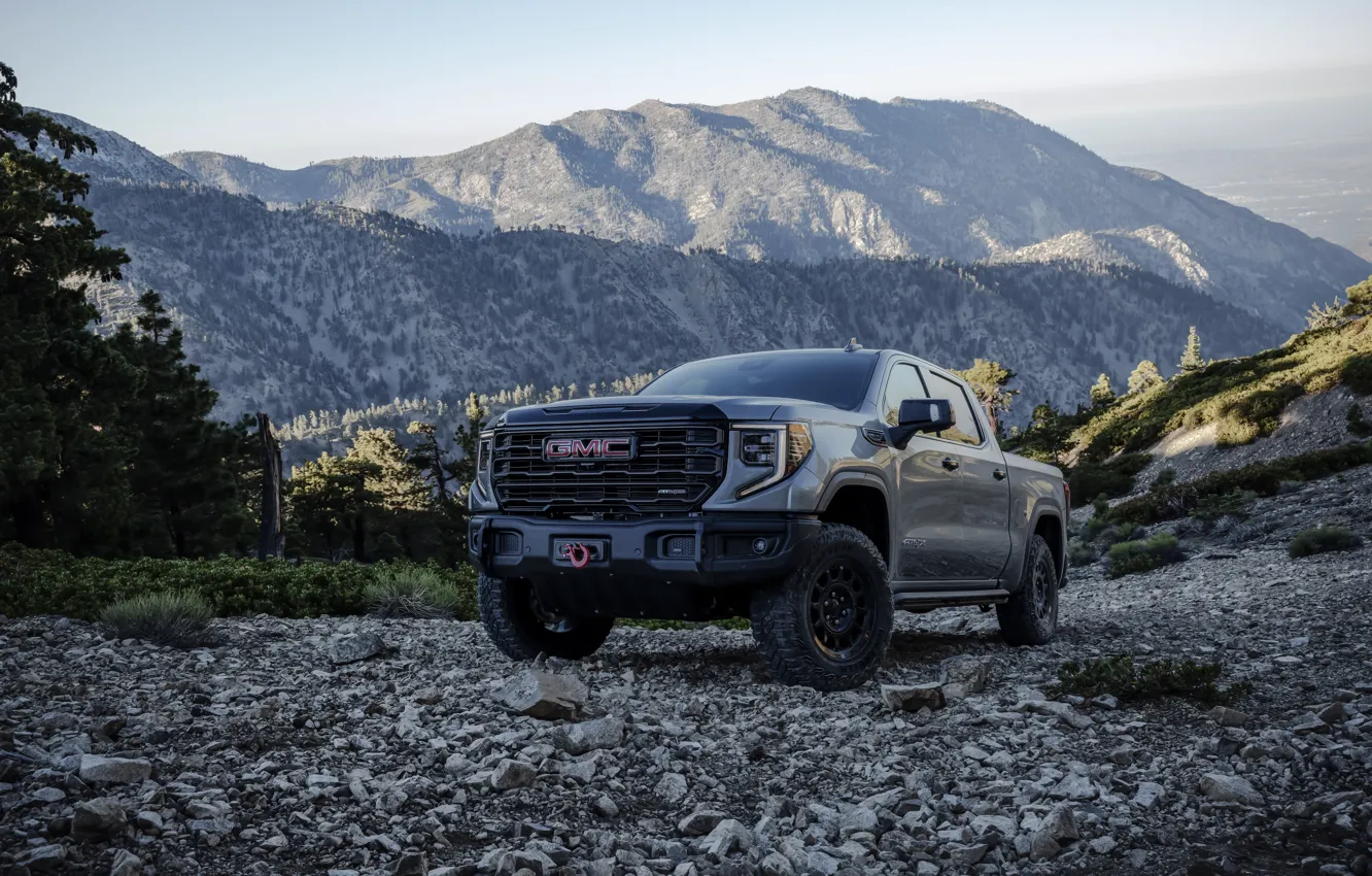 Фото обои Mountain, Grey, GMC, Pickup, Forest, Crew Cab, GMC Sierra, 2023