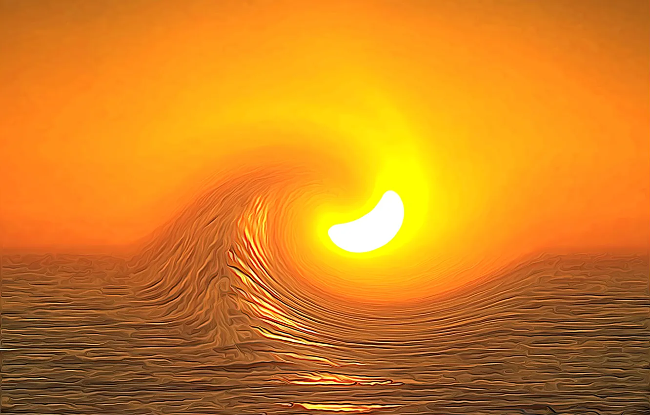 Фото обои море, солнце, линии, рендеринг, краски, волна