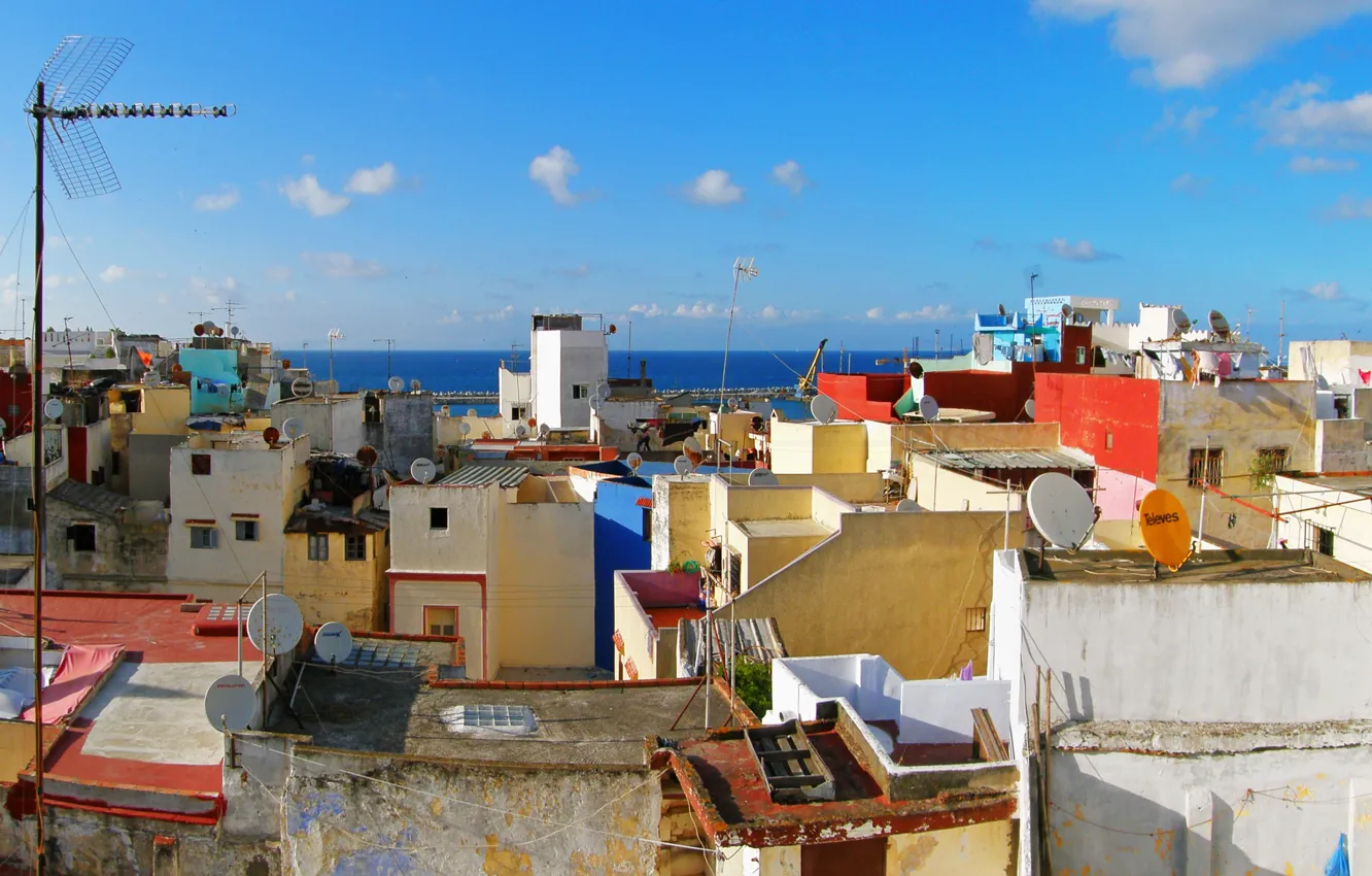 Фото обои Дома, Крыши, Morocco, Морокко, Tangier, Танжер, Strait of Gibraltar, Гибралтарский пролив