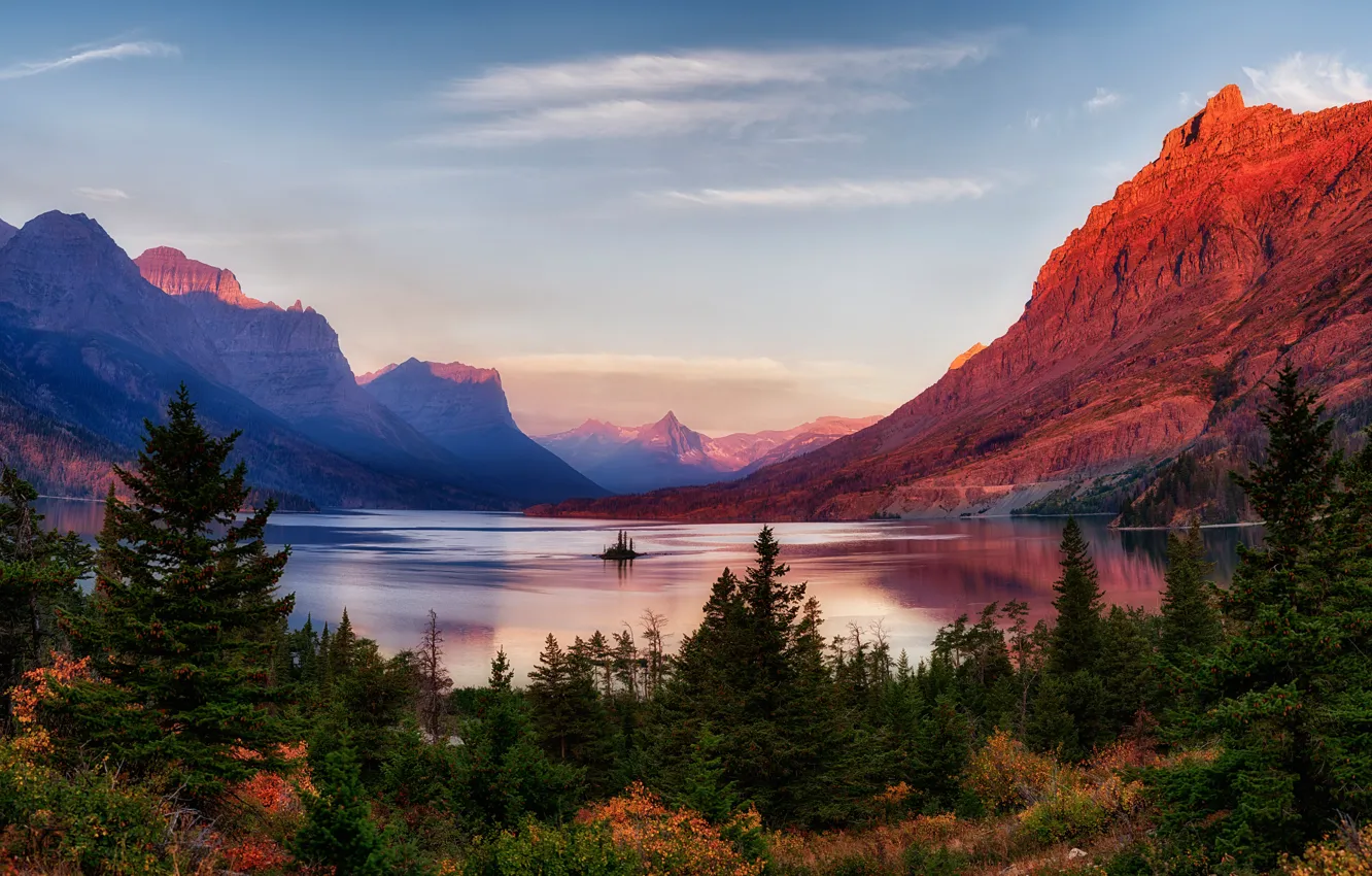 Фото обои осень, небо, деревья, закат, горы, озеро, скалы, США