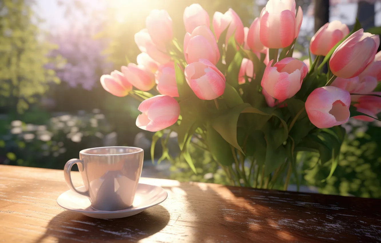 Фото обои свет, цветы, стол, чай, доски, букет, весна, сад