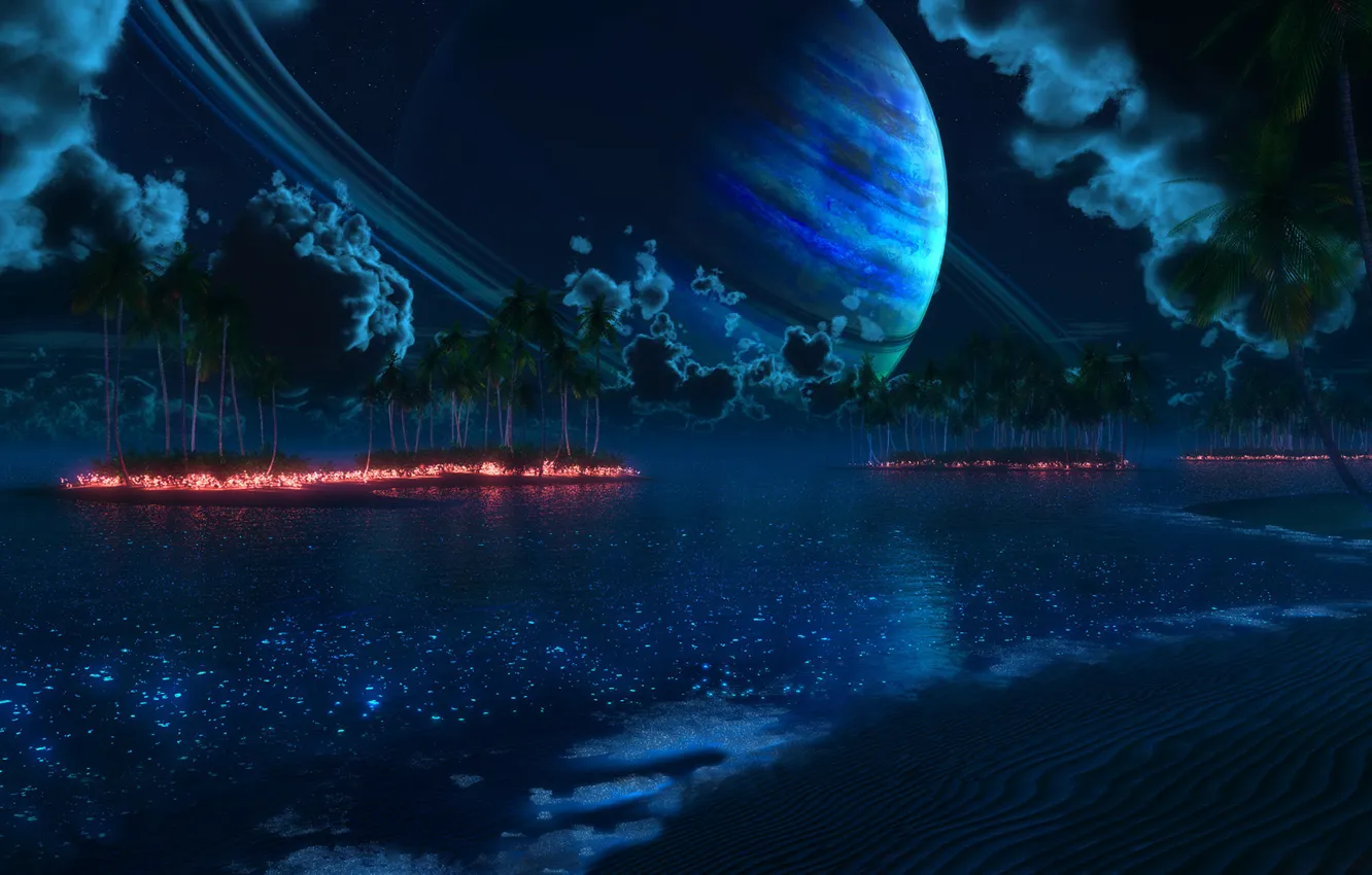 Фото обои острова, ночь, огни, пальмы, планета, digital, nightfall, Tropic of Thetis