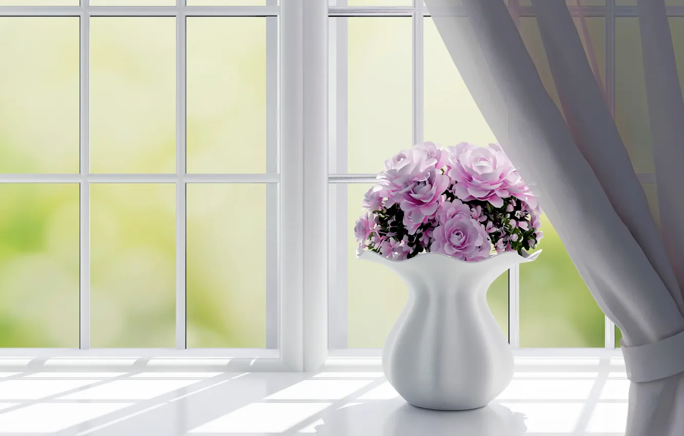 Фото обои цветы, розы, окно, ваза