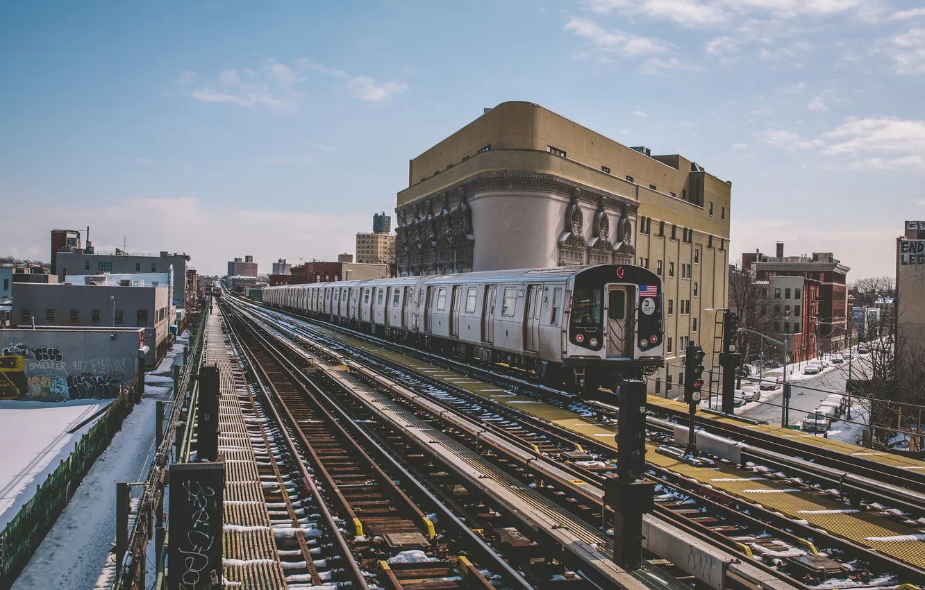 Фото обои зима, снег, город, Нью-Йорк, поезда, Соединенные Штаты, городской, высокая линия улица