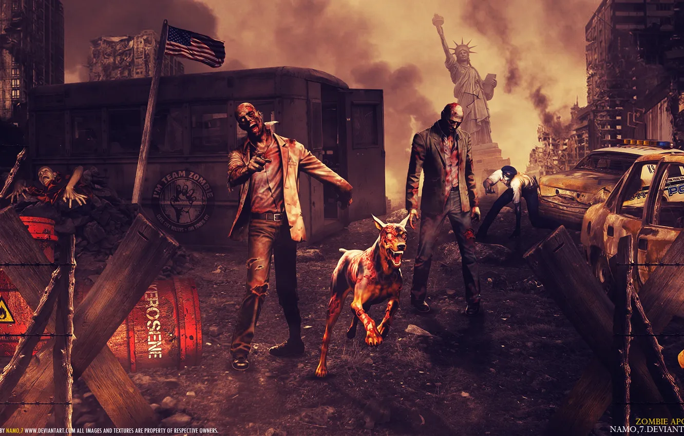 Фото обои фантастика, апокалипсис, флаг, зомби, статуя, уроды, Zombie Apocalypse, горючее