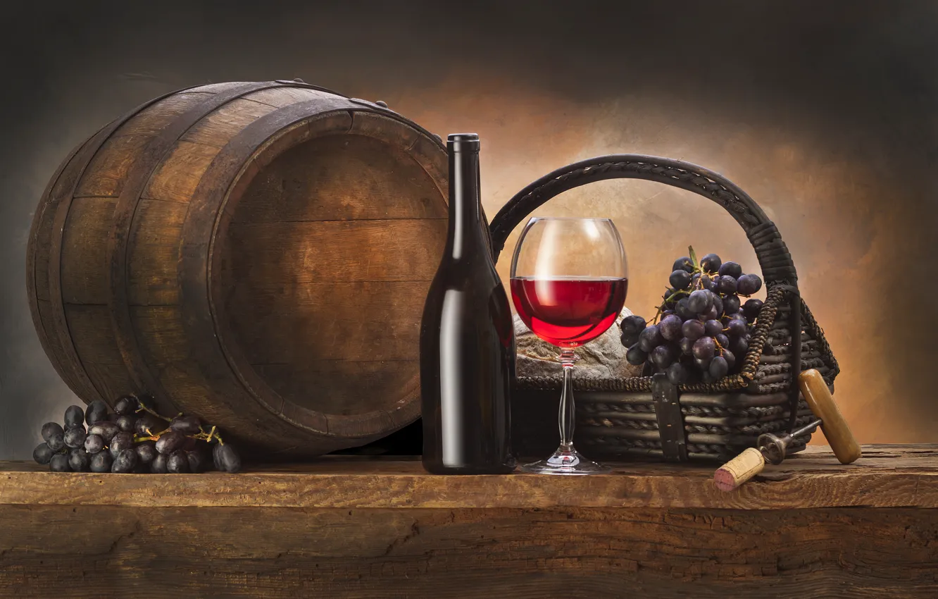 Фото обои вино, корзина, бутылка, виноград, бочка, штопор
