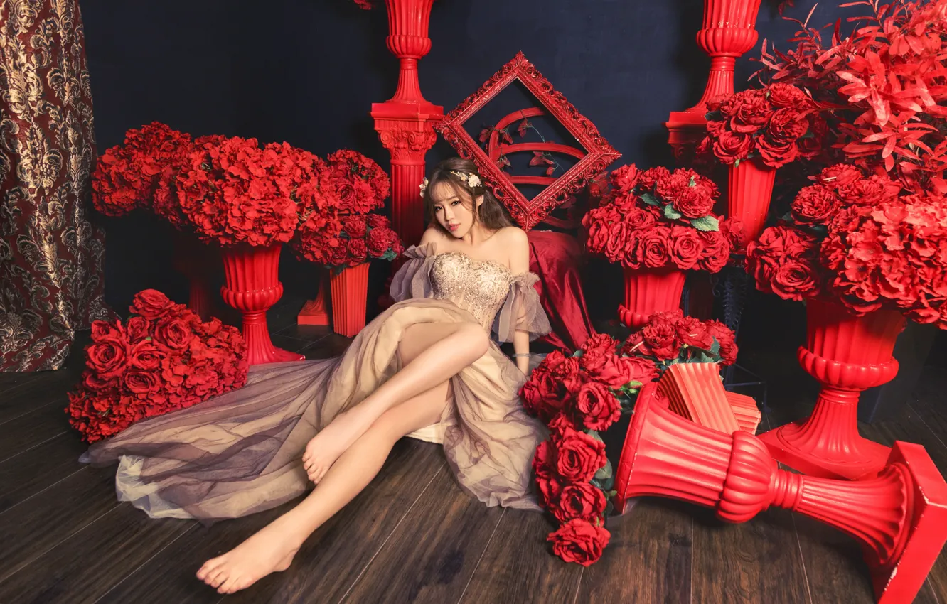 Фото обои девушка, цветы, поза, темный фон, ноги, рама, розы, платье