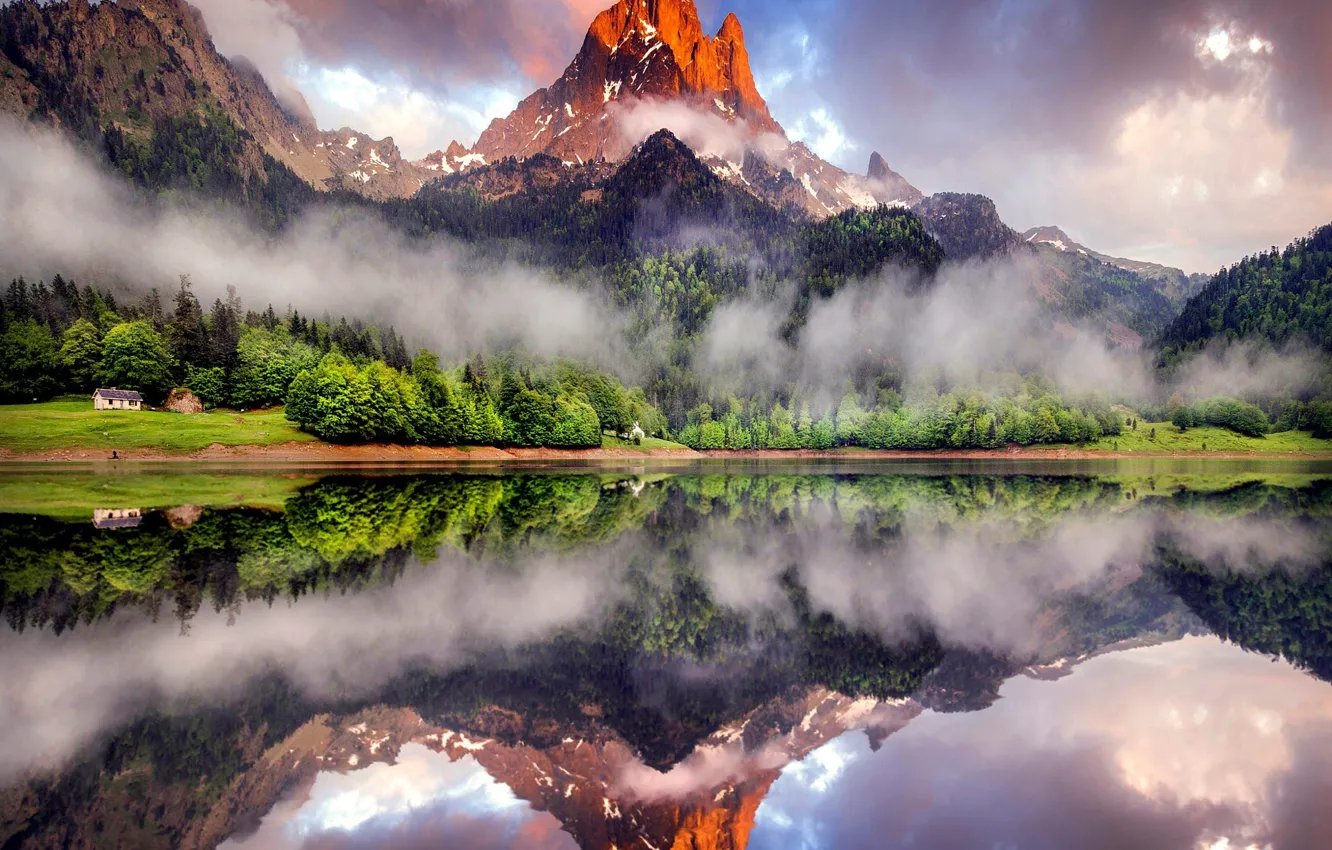 Фото обои лес, горы, природа, туман, озеро, отражение