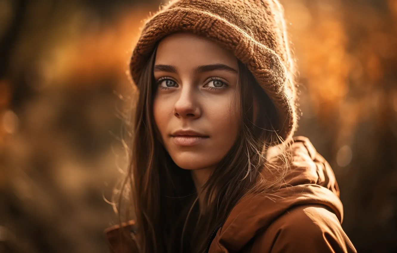 Фото обои осень, взгляд, девушка, свет, природа, лицо, шапка, портрет