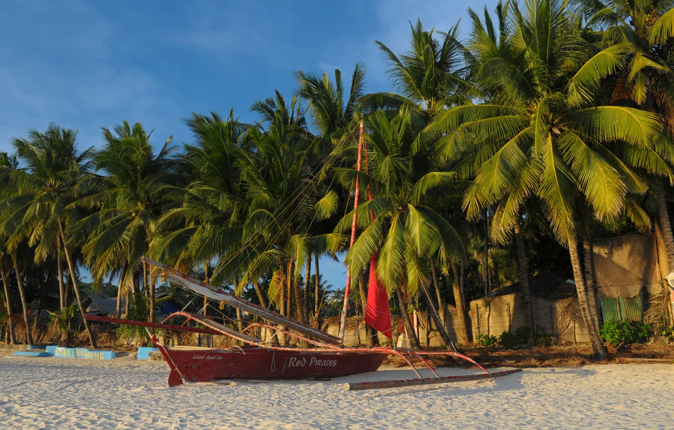 Фото обои песок, пляж, пальмы, лодка, Филлипины, Island of Boracay