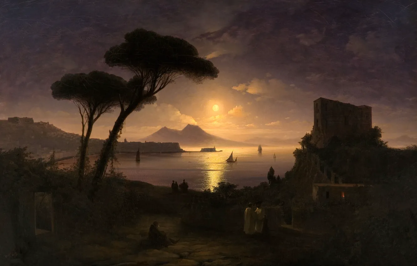 Фото обои пейзаж, картина, Иван Айвазовский, 1842, Неаполитанский Залив в Лунную Ночь