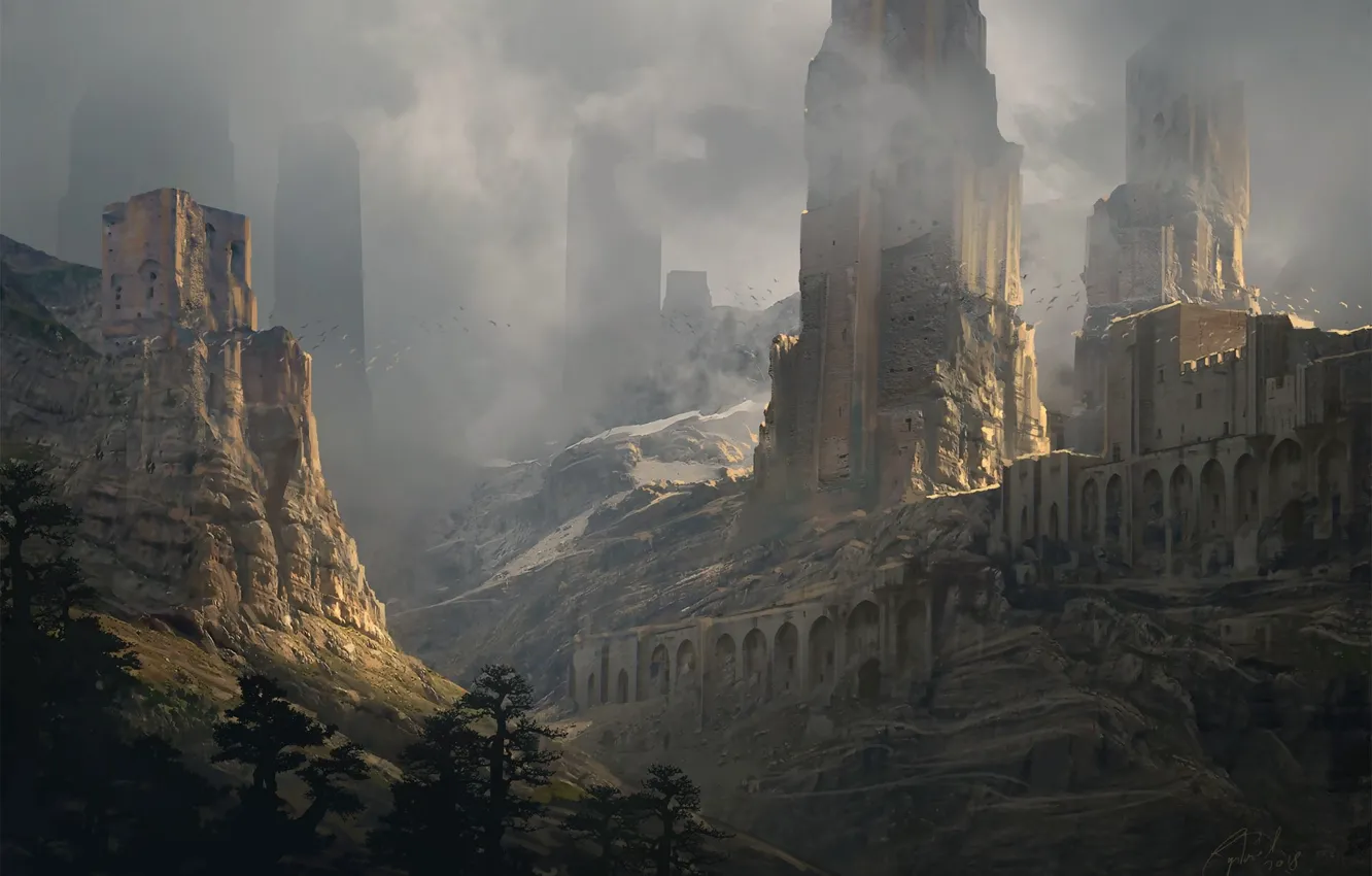 Фото обои деревья, горы, туман, башни, Sentinels